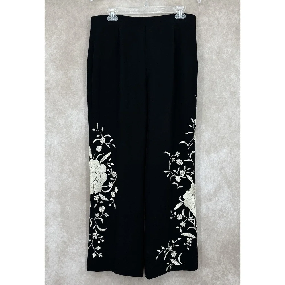 Lafayette 148 New York Embroidered Floral Wide Leg Pants Size 6‎ Black Ivory
